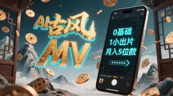 AI一键生成古风音乐MV，0剪辑基础1小时出片，多种变现渠道，一部手机月入5位数插图
