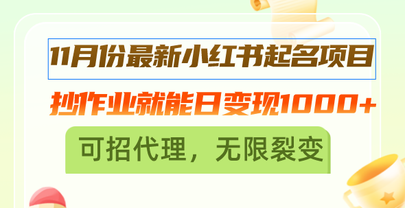 11月份最新小红书起名项目，抄作业就能日变现1000+，可招代理，无限裂变插图