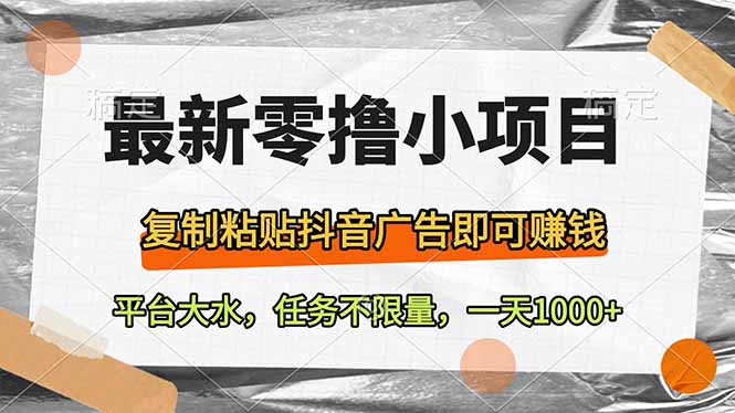 最新零撸小项目，复制粘贴抖音广告即可赚钱，平台大水，任务不限量，一…插图