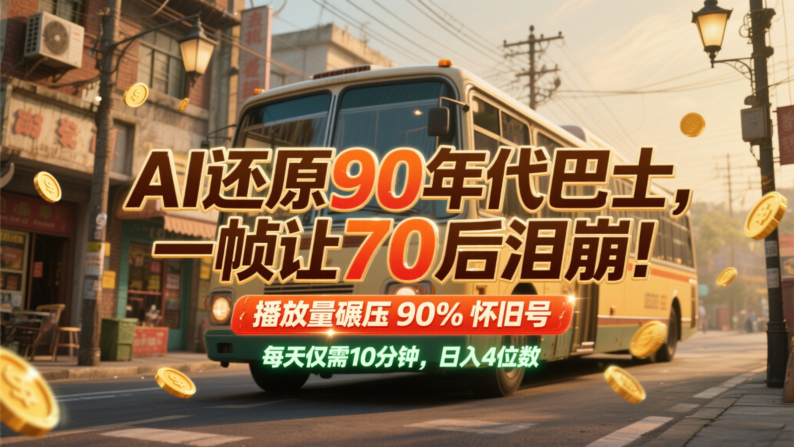 AI还原90年代巴士，一帧让70后泪崩！播放量碾压90%怀旧号，每天10分钟，日入4位数插图