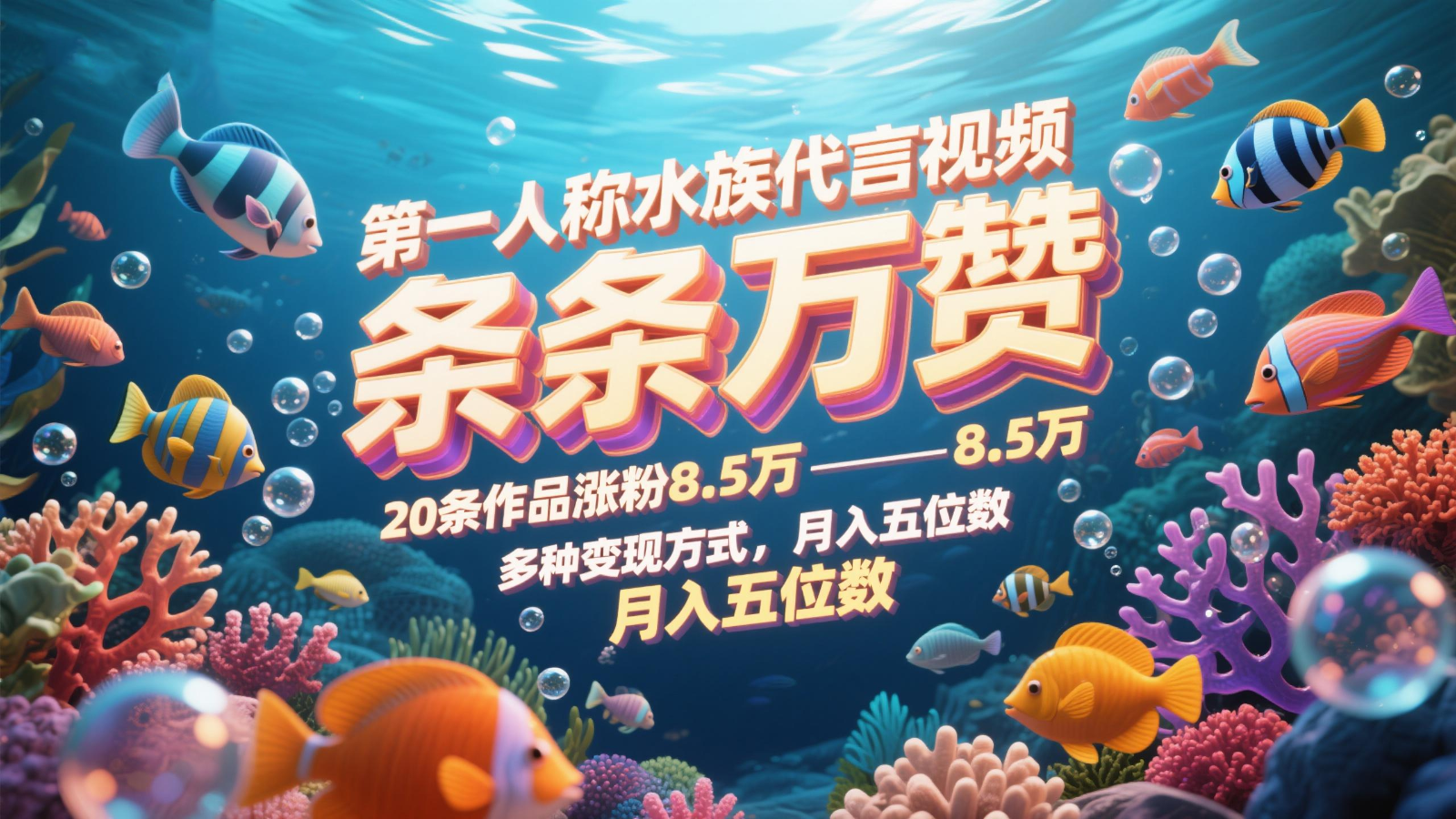 第一人称水族代言视频，条条万赞，20条作品涨粉8.5万，多种变现方式月，入五位数插图