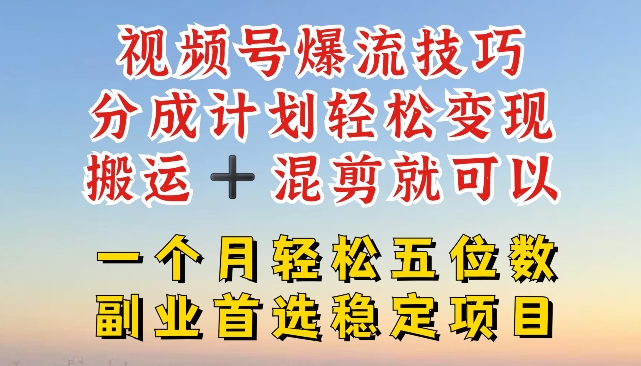 视频号爆流技巧，分成计划轻松变现，搬运 +混剪就可以，一个月轻松五位数稳定项目插图