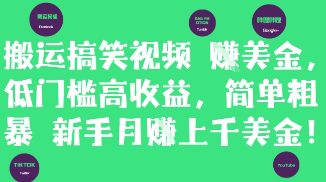 搬运搞笑视频挣美金，低门槛高收益，简单粗暴新手月入上千美刀插图